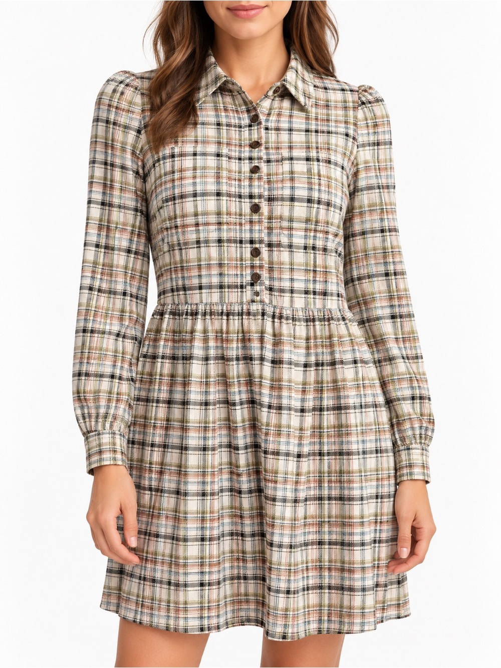 LOFT Plaid Puff Sleeve Button Front Shirt Dress Cottagecore Small